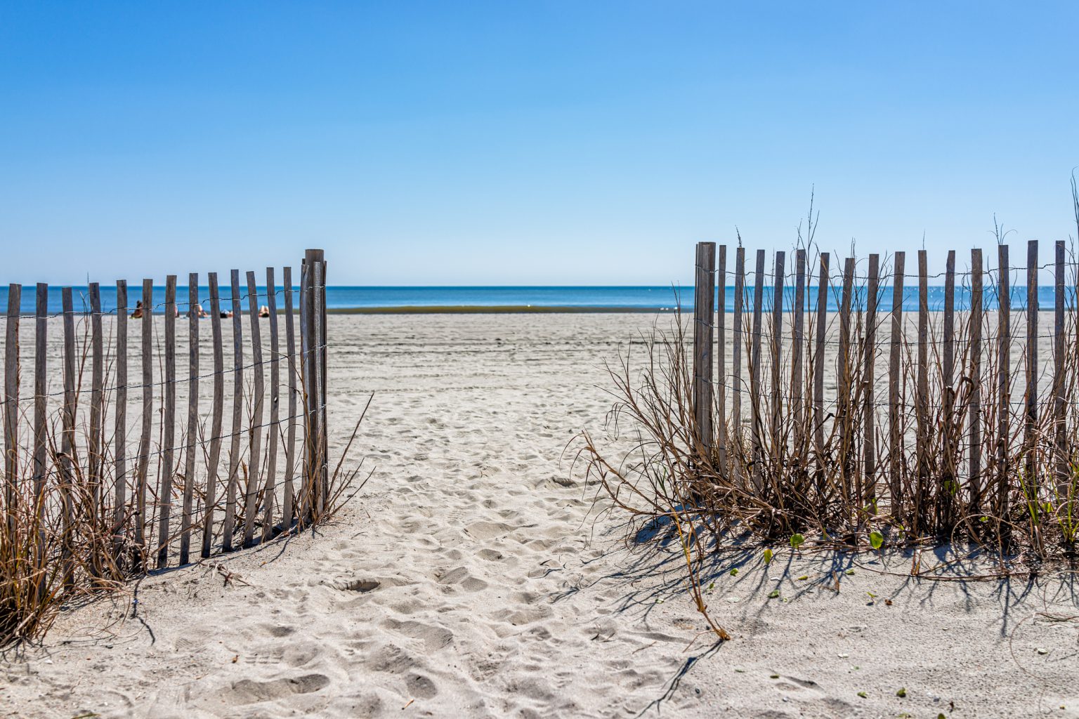 picture showing the sand, some sand dune fencing, and the water in Myrtle beach with the blue sky on a fall day